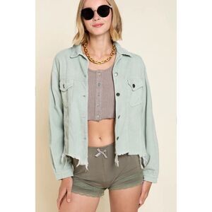POL Corduroy Sage Green Button Front Shacket Raw Hem Trucker Jacket Medium #749